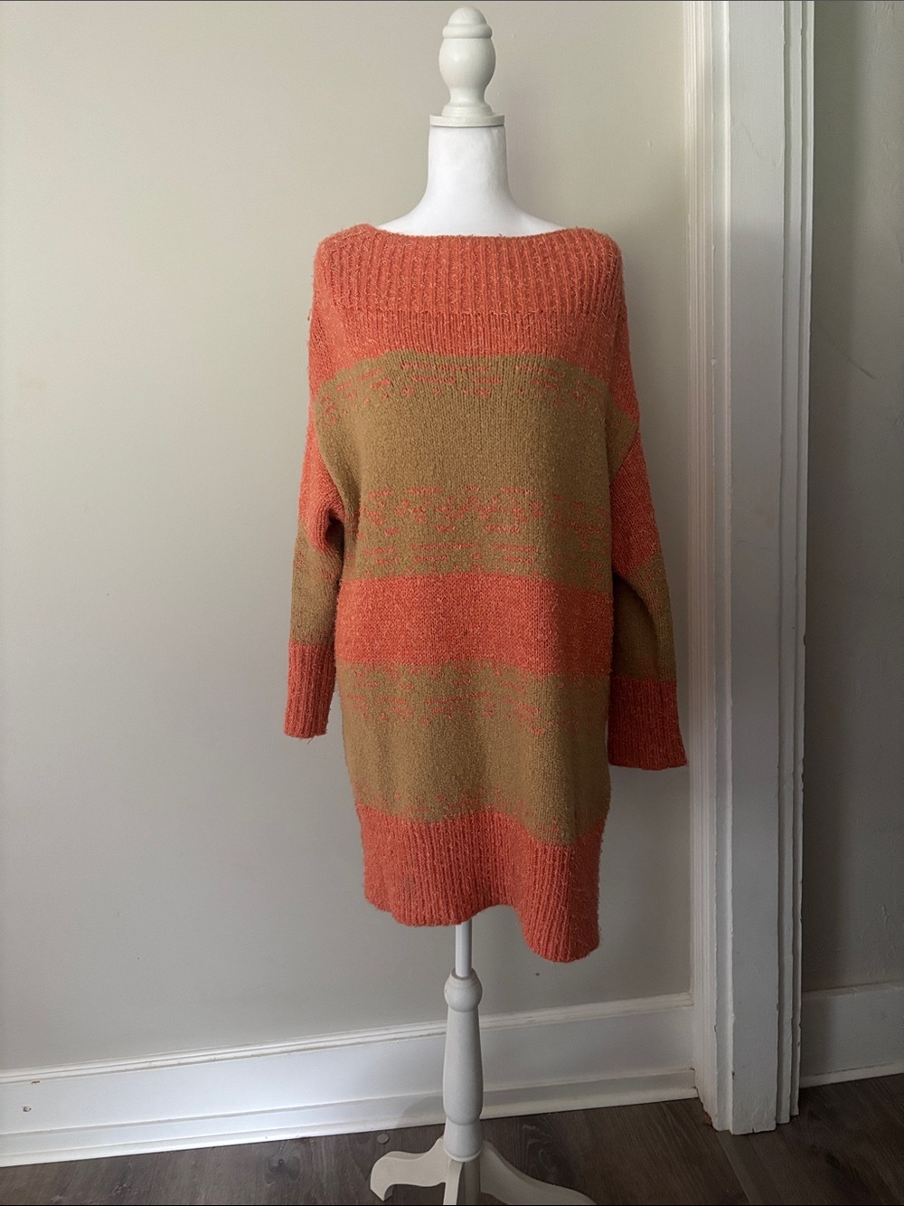 Anthropologie Coral and Tan Off-the-Shoulder Stripe Sweater